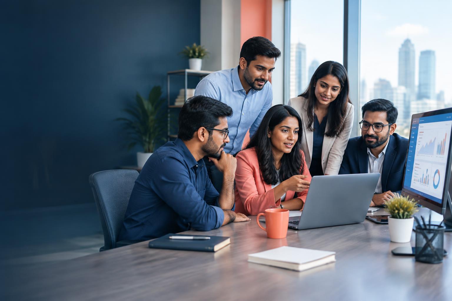 Business team collaborating around Auomni software